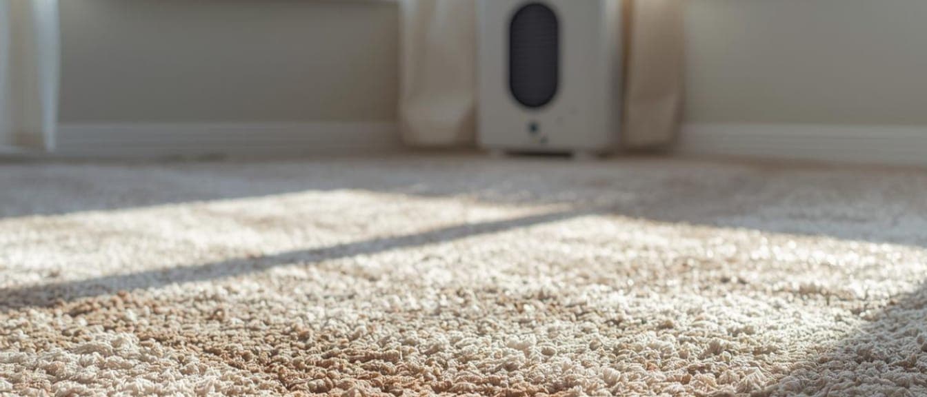 Dehumidifier running against the wall of a sunlit carpeted room