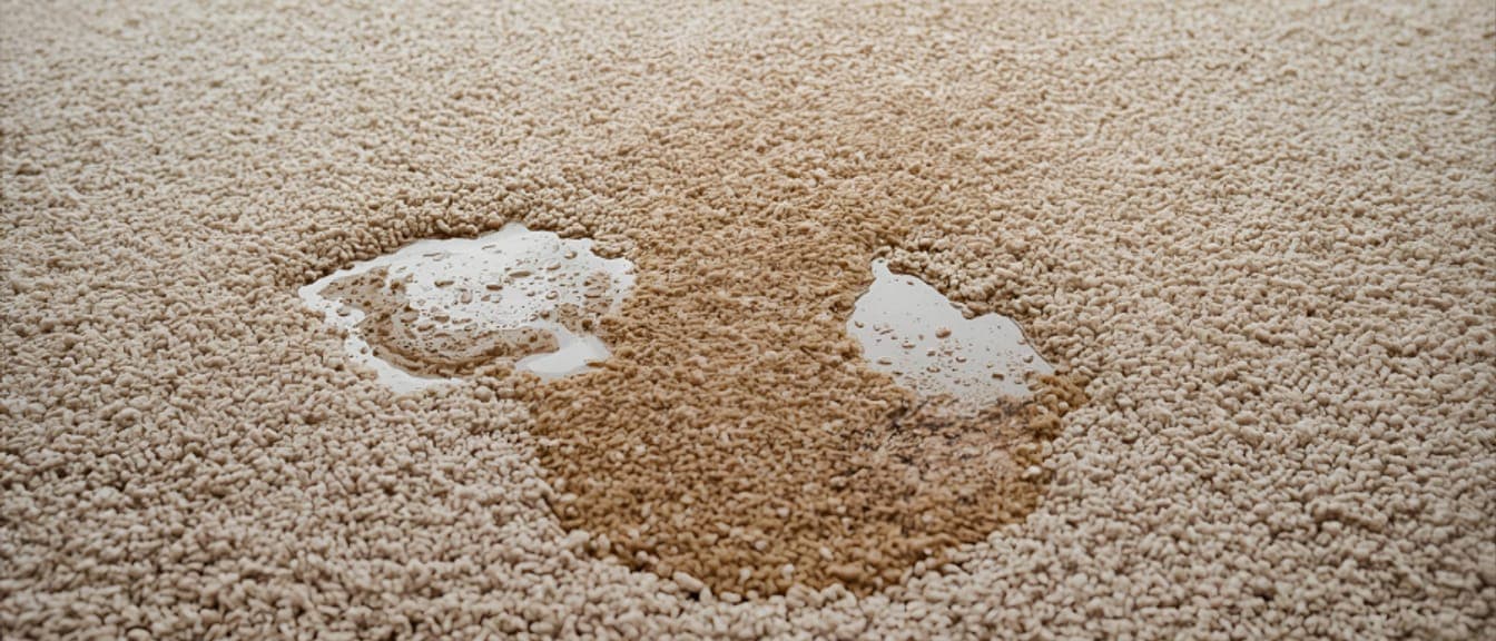 Spilled water pooling on beige carpet and soaking into the pile