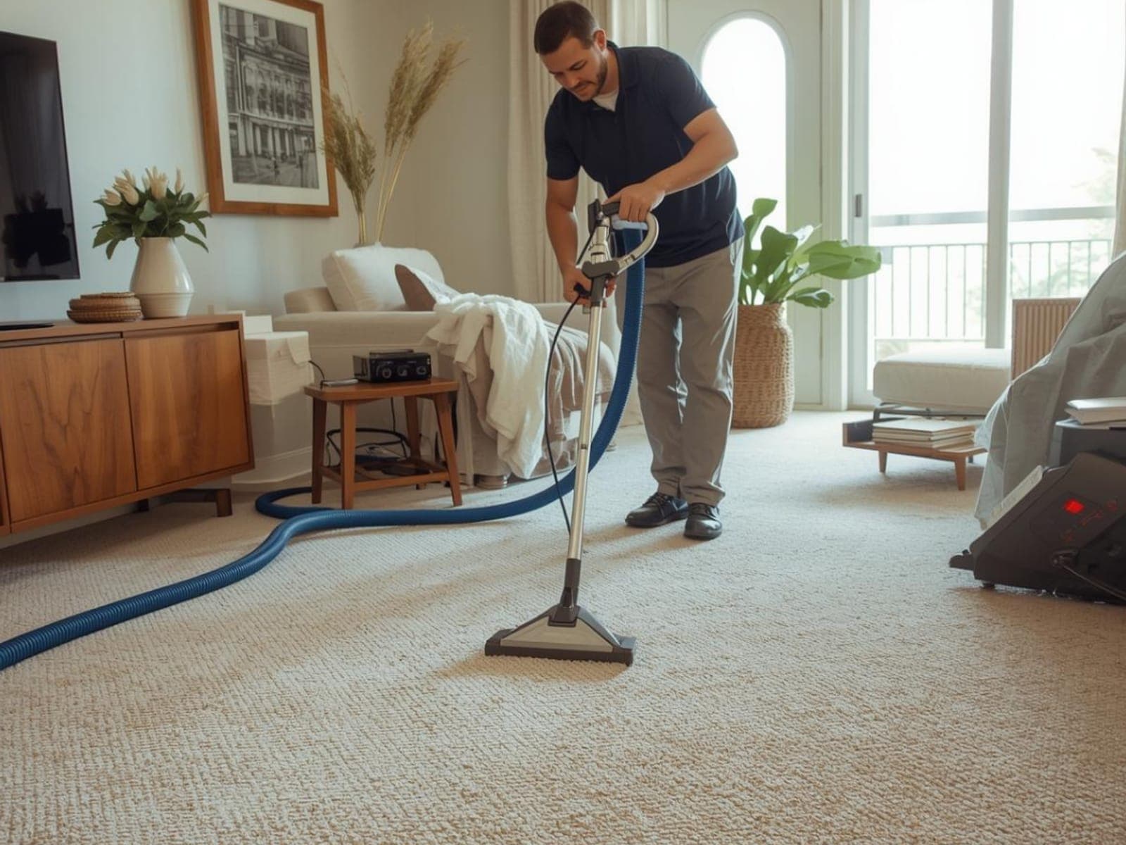 Technician pulling water out of carpet with an extraction wand and hose