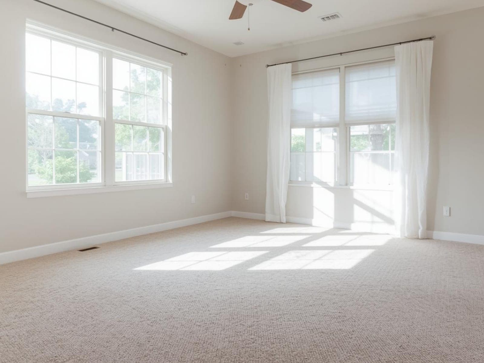Empty carpeted room drying under a running ceiling fan and open sunlight