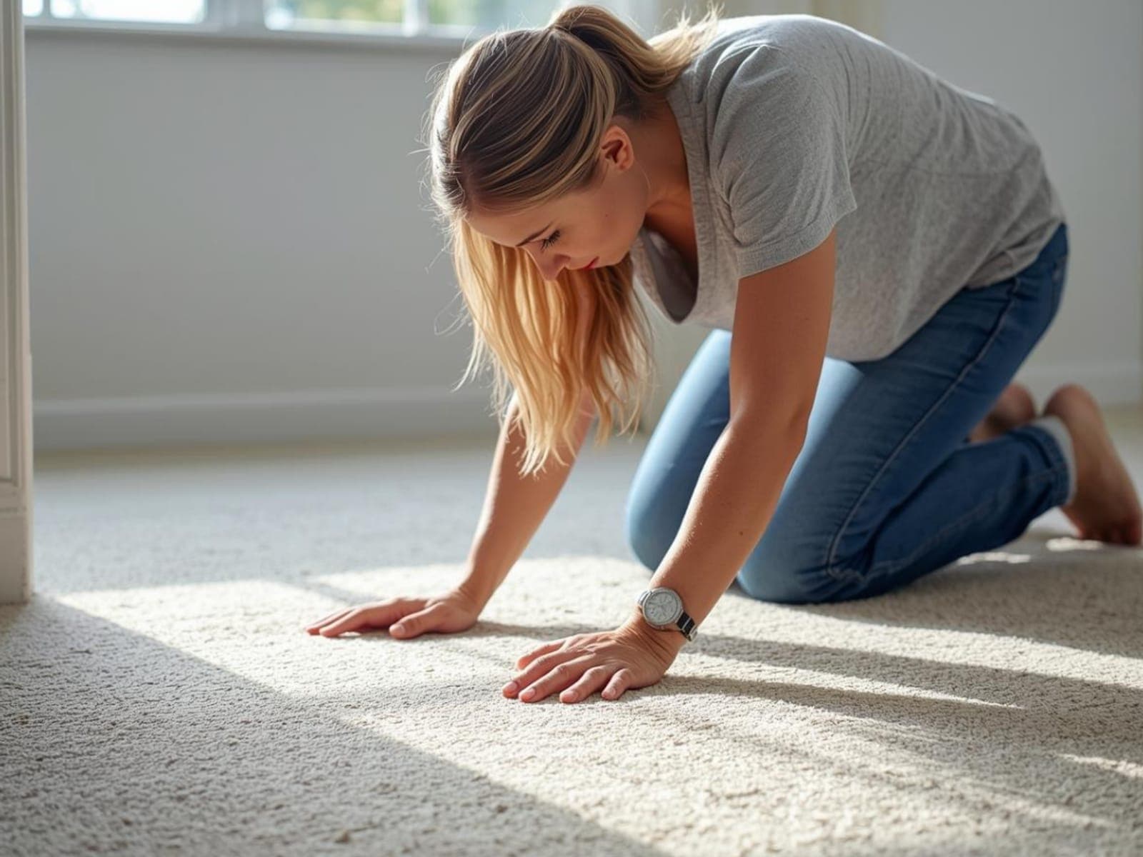Homeowner kneeling and pressing both hands into the carpet to check for dampness