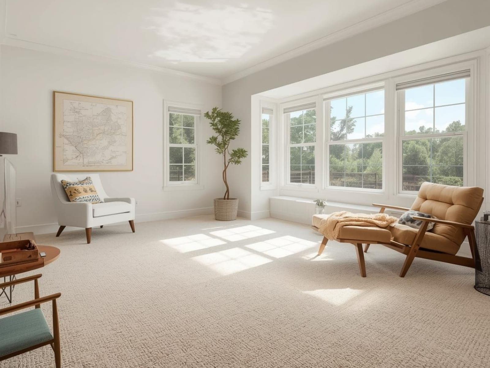 Sunlit living room with clean carpet and daylight pouring through the windows