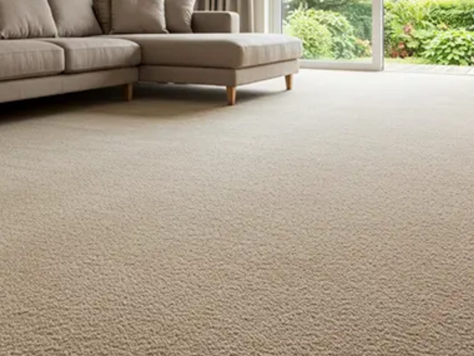 Wall-to-wall carpet in a bright living room, the surface a water event puts on the clock