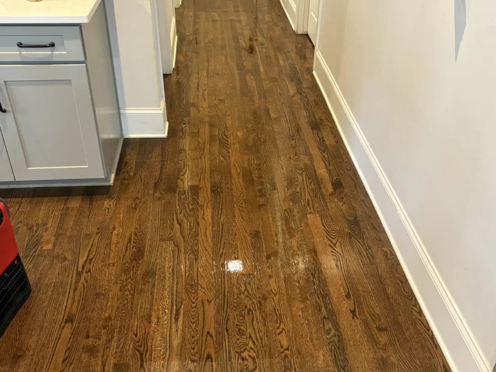 Air mover running at the edge of an oak floor in a hallway during a dry-down