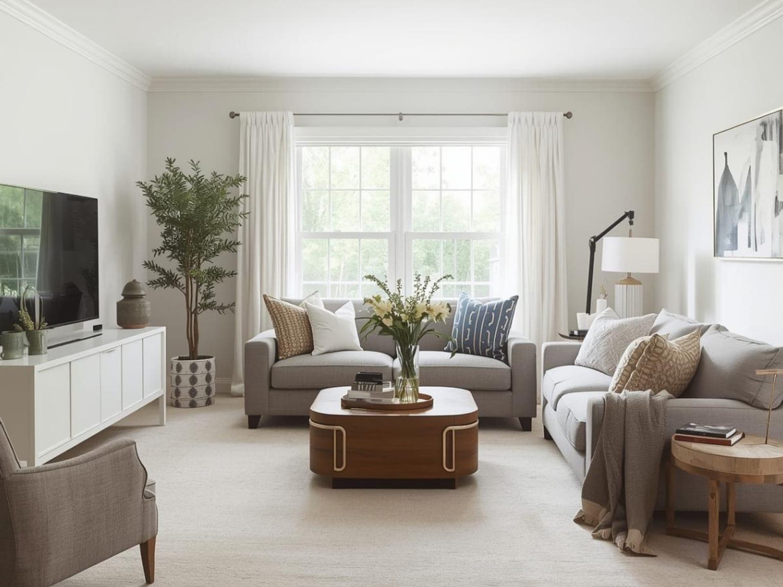 Bright family room with light carpet after cleaning and sanitizing