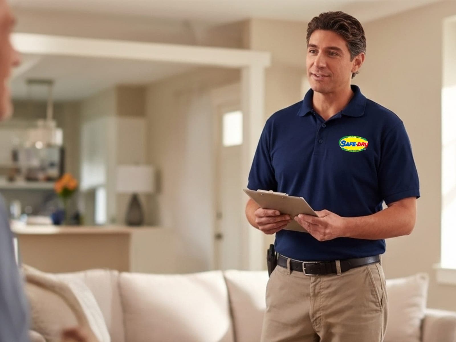 Safe-Dry technician with a clipboard walking a homeowner through the drying plan